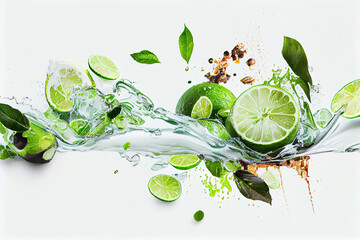 Fototapeta na wymiar Water splash, lime slices with green mint leaves on white background.