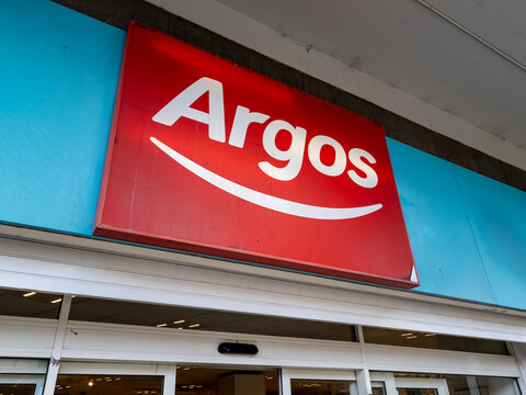 London. UK- 04.12.2023. The company name sign and logo of a branch of Argos.