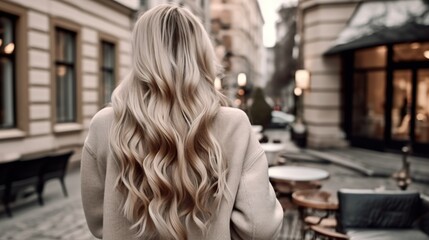 View from the back of the woman with very long blond hair