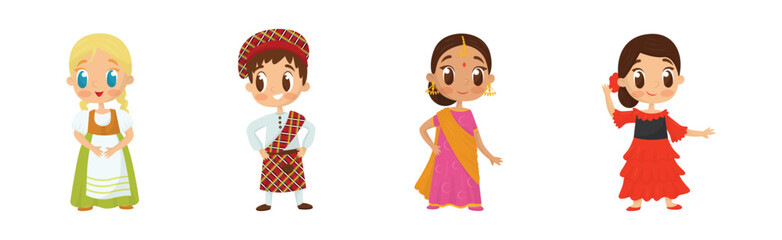 Smiling Boy and Girl Wearing Costumes of Different Countries Vector Set