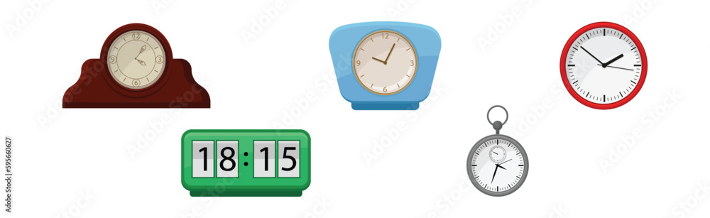Poster different clocks as device for measuring and indicating time vector set