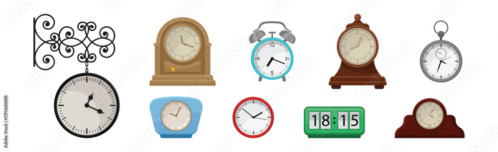 Poster different clocks as device for measuring and indicating time vector set