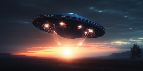 Naklejka na ściany i meble Photorealistic UFO in the sky at night. AI generated, human enhanced