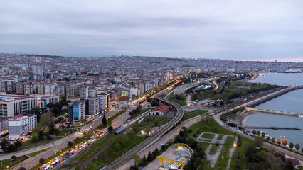 Aerial cityscape, sea and park at night. Samsun, Turkey.