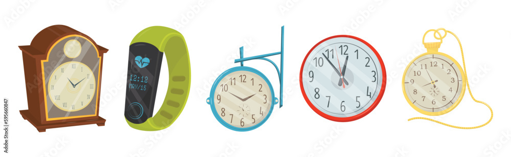 Poster different clocks as device for measuring and indicating time vector set