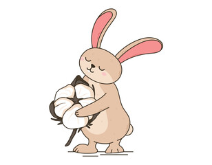 Cartoon Cute Bunny holding a Twig with a cotton boll. Vector isolated Flat Hare