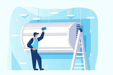 Technician repairing split air conditioner on a blue wall. Construction building industry