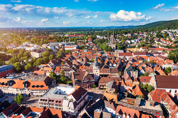 Old city of Ettlingen in Germany with a river and a church. View of a central district of...