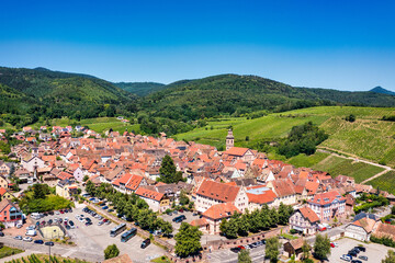 View of Riquewihr village and vineyards on Alsatian Wine Route, France. Most beautiful villages of France, Riquewihr in Alsace, famous 