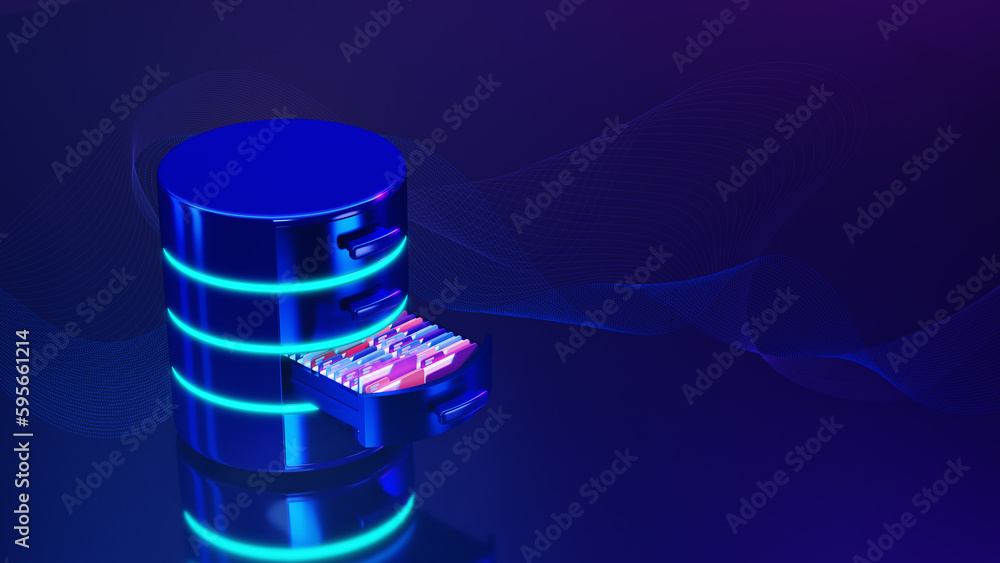  database storage on blue background. concept of database server, data storage, data center, file ser