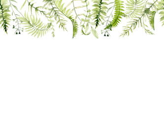 Watercolor greenery border clipart. Green leaves seamless border.