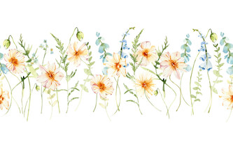 Watercolor seamless border clipart, png border, field flowers, meadow plants, poppy flower.