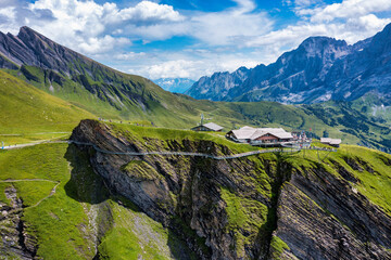 View of Grindelwald First. Popular tourist attraction cliff walk at the Grindelwald First. Swiss...