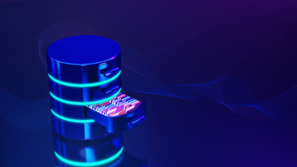 Database storage on blue background. Concept of Database server, Data storage, Data center, File Server, SQL. 3D rendering. © Tee11