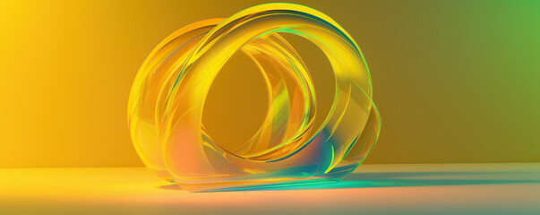 Generative AI creative image of transparent bright yellow and shining blue colors geometric glass sphere decoration with glowing reflection on abstract background