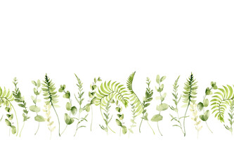 Watercolor greenery border clipart. Green leaves seamless border.