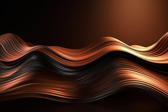 Generative AI abstract image of creative glittering gold wave curvy line design elements with minimal texture reflecting on isolated on brown background