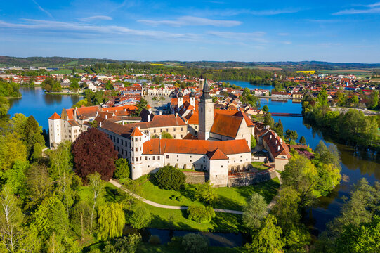Aerial landscape of small Czech town of Telc with famous Main Square (UNESCO World Heritage Site). Aerial panorama of old town Telc, Southern Moravia, Czechia. Historic centre of Telc, Czech Republic.