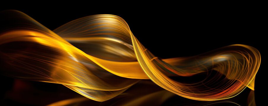 Generative AI abstract image of creative glittering gold wave curvy line design elements with minimal texture reflecting on isolated on black background