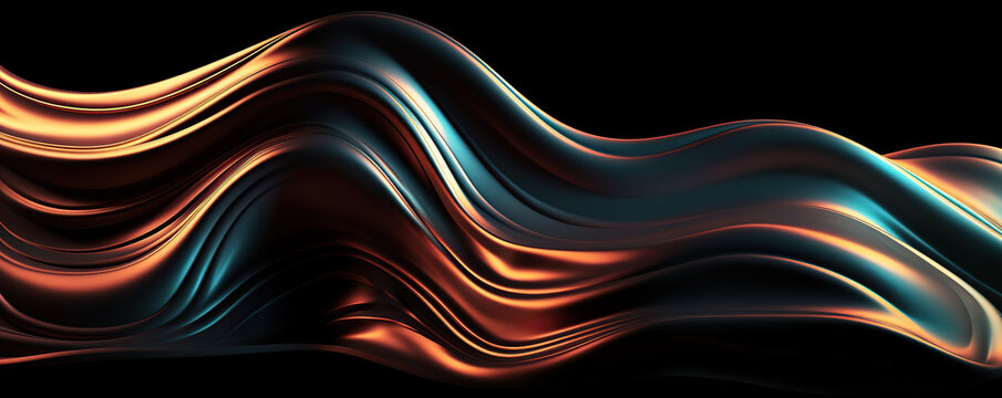 Generative AI abstract image of creative glittering wave curvy line design elements with minimal texture reflecting on isolated on black background