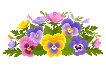 Cute bouquet of wildflowers. Yellow, purple and pink pansy, leaves and buds. Vector illustration