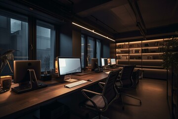 Office workstation with technological architecture and furniture. Generative AI