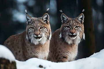Fototapeta premium Mother and child Lynx sitting in the snow