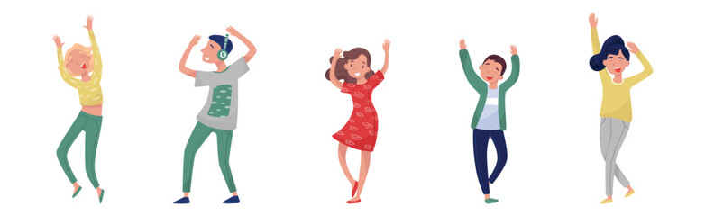 Young Boy and Girl Dancing to Music Raising Up Hands Vector Illustration Set