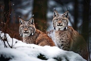 Fototapeta premium Mother and child Lynx sitting in the snow