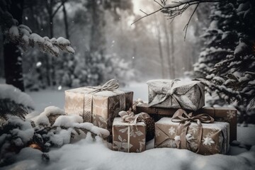Christmas gifts under snowy fir trees. Generative AI