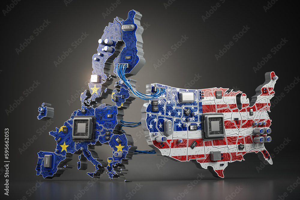 Poster Semiconductor chip cooperationr between USA and European Union concept. Computer chips in form of EU and USA map in colors of flags.