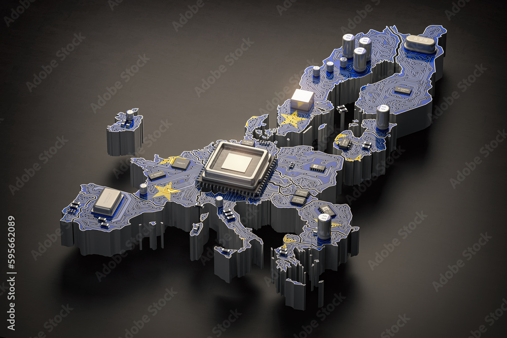 Poster EU semiconductor industry, computer chips manufacturing  and artificial intelligenceconcept. Motherboard with CPU processor in form of map of European Union.