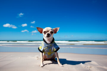 Fototapeta na wymiar Chihuahua dog on the beach, funny portrait, generativeai