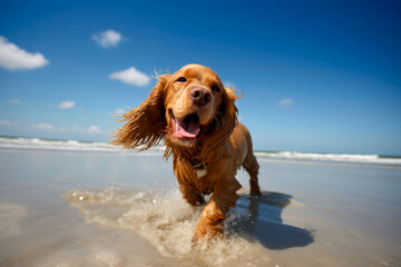 Cocker Spaniel dog on the beach, funny portrait, generativeai
