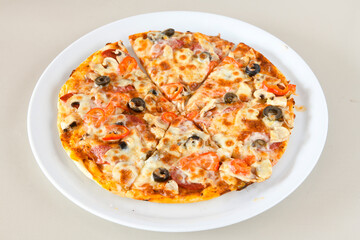 Delicious mixed pizza with rich content. Menu concept of choice and diversity. Karisik pizza