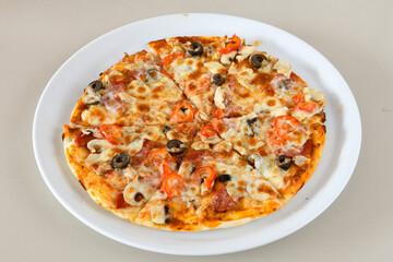 Delicious mixed pizza with rich content. Menu concept of choice and diversity. Karisik pizza