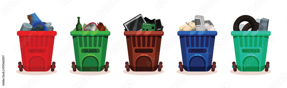 Poster trash bins full of sorted garbage vector set