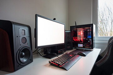 Custom built gaming computer with white screen, keyboard, mouse, desktop, components, hardware, gaming chair. Modern desktop gaming setup on desk. Modern gaming concept and white computer display - 595662841