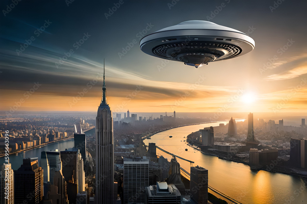 Poster an image of a spacecraft or ufo hovering in the sky, with a landscape or cityscape in the background