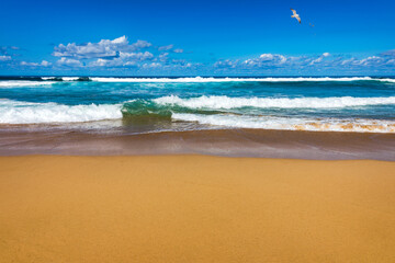 Amazing Cofete beach with endless horizon. Volcanic hills in the background and Atlantic Ocean. Cofete beach, Fuerteventura, Canary Islands, Spain. Playa de Cofete, Fuerteventura, Canary Islands.