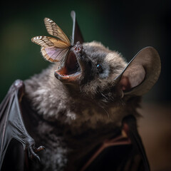 A bat eats a moth butterfly, close-up. Unusual animal illustrations, ai generative