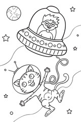 An astronaut cat in outer space near a spaceship. Black and white vector illustration for coloring book.