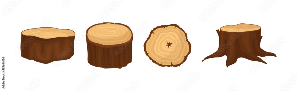 Aufkleber tree trunk or timber cross section and stump vector set