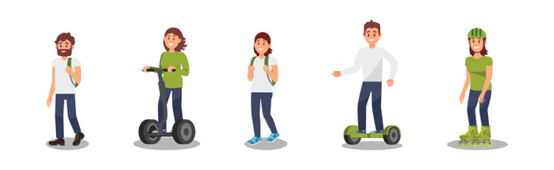 Young Man and Woman Taking Care of the Environment and Using Eco Friendly Transport Vector Illustration Set