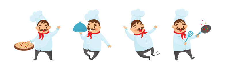 Man Chef with Moustache Cooking and Serving Food Vector Illustration Set
