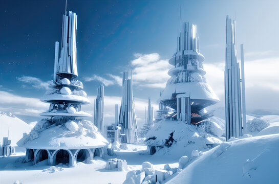 frozen city, futuristic sci fi city covered in snow. Generative AI image.