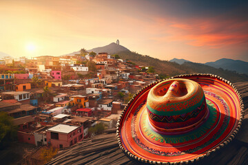 Colorful Mexican Sombrero with Picturesque Village and Landscape at Sunset