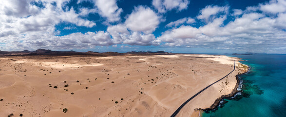 Panoramic high angle aerial drone view of Corralejo National Park (Parque Natural de Corralejo)...
