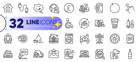 Outline set of Group, Arena stadium and Medical vaccination line icons for web with Web inventory, Auction, Fan engine thin icon. Charging cable, Hotel, Online voting pictogram icon. Vector