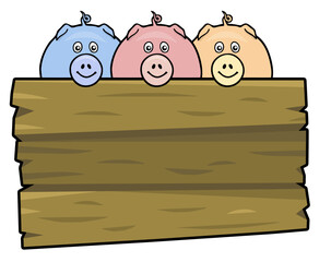 three cute cartoon pigs behind a blank wooden sign